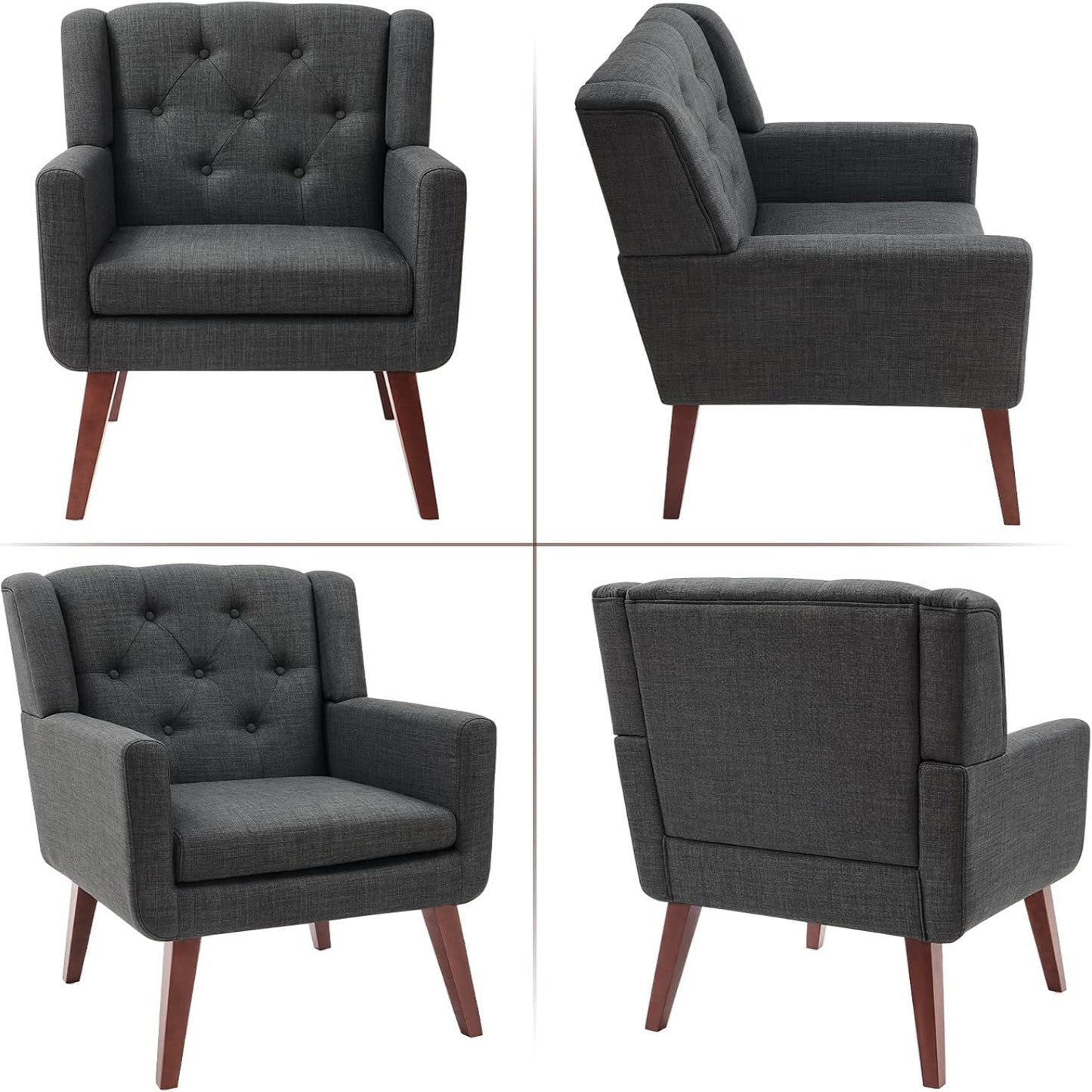 Accent Chair Button-Tufted Upholstered Living Room Chairs Comfy Reading Chair Mid Century Modern Chair with Linen Fabric Lounge Arm Chairs for Living Room Bedroom (Grey Set of 2)
