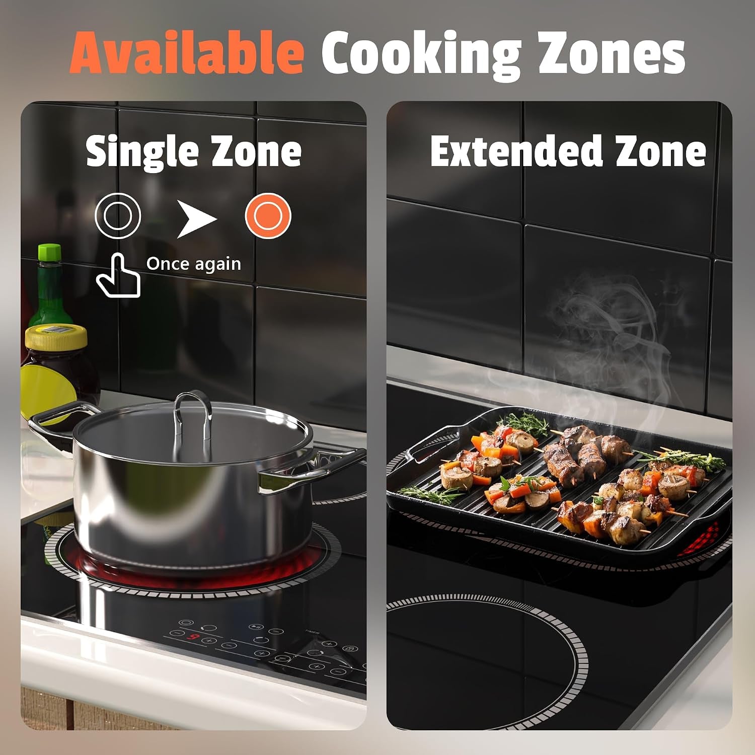 24 Inch Electric Cooktop 4 Burners,  6600W Electric Stove Touch Control, 220-240V Built-In Radiant Stove Top with Safety Lock, Timer, Pause Control, Extended Zone, Hard Wire(No Plug)