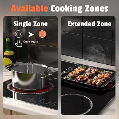 24 Inch Electric Cooktop 4 Burners,  6600W Electric Stove Touch Control, 220-240V Built-In Radiant Stove Top with Safety Lock, Timer, Pause Control, Extended Zone, Hard Wire(No Plug)