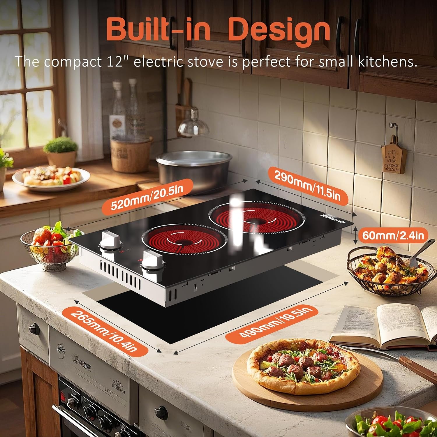2 Burners Electric Cooktop 2000W, Plug in Electric Stove Top110V, Countertop & Built-In Cook Top 12 Inch, 2 Burner Cooktop Knob Control, 9 Power Levels, Grey Knob,