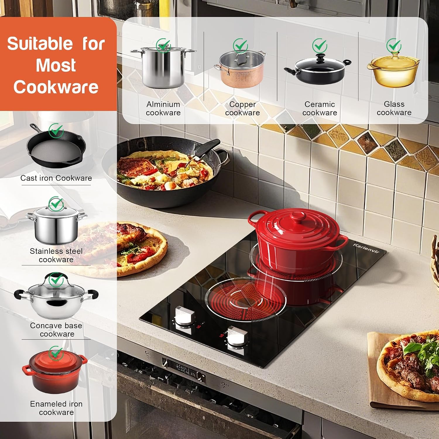 2 Burners Electric Cooktop 2000W, Plug in Electric Stove Top110V, Countertop & Built-In Cook Top 12 Inch, 2 Burner Cooktop Knob Control, 9 Power Levels, Grey Knob,