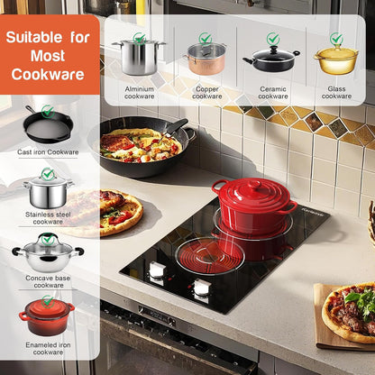 2 Burners Electric Cooktop 2000W, Plug in Electric Stove Top110V, Countertop & Built-In Cook Top 12 Inch, 2 Burner Cooktop Knob Control, 9 Power Levels, Grey Knob,