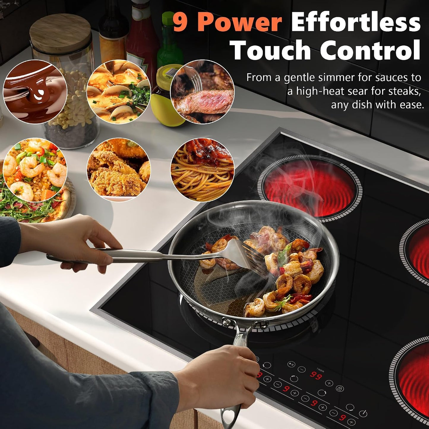 24 Inch Electric Cooktop 4 Burners,  6600W Electric Stove Touch Control, 220-240V Built-In Radiant Stove Top with Safety Lock, Timer, Pause Control, Extended Zone, Hard Wire(No Plug)