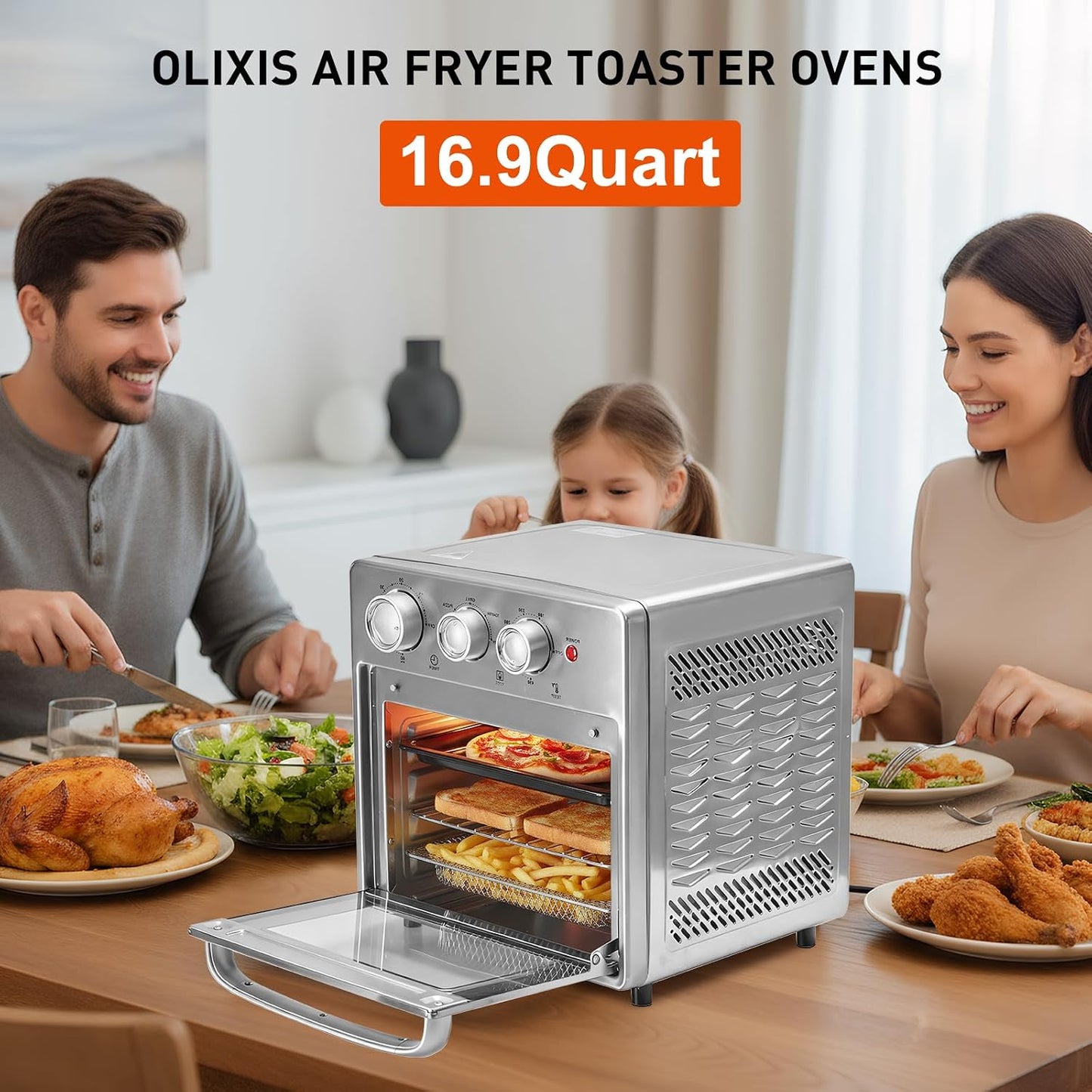 Air Fryer Toaster Oven Combo, 16.9QT Oven Countertop 5 Functions in 1, 4 Accessories Included, Stainless, up to 450°F