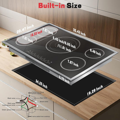 36 Inch Electric Cooktop, 5 Burner Stove Top Touch Control, 36" Glass Ceramic Stove Top 9600W with BBQ & Flexible Zone, Child Lock, Timer, Overheat Protection, 220-240V Hard Wired (No Plug)
