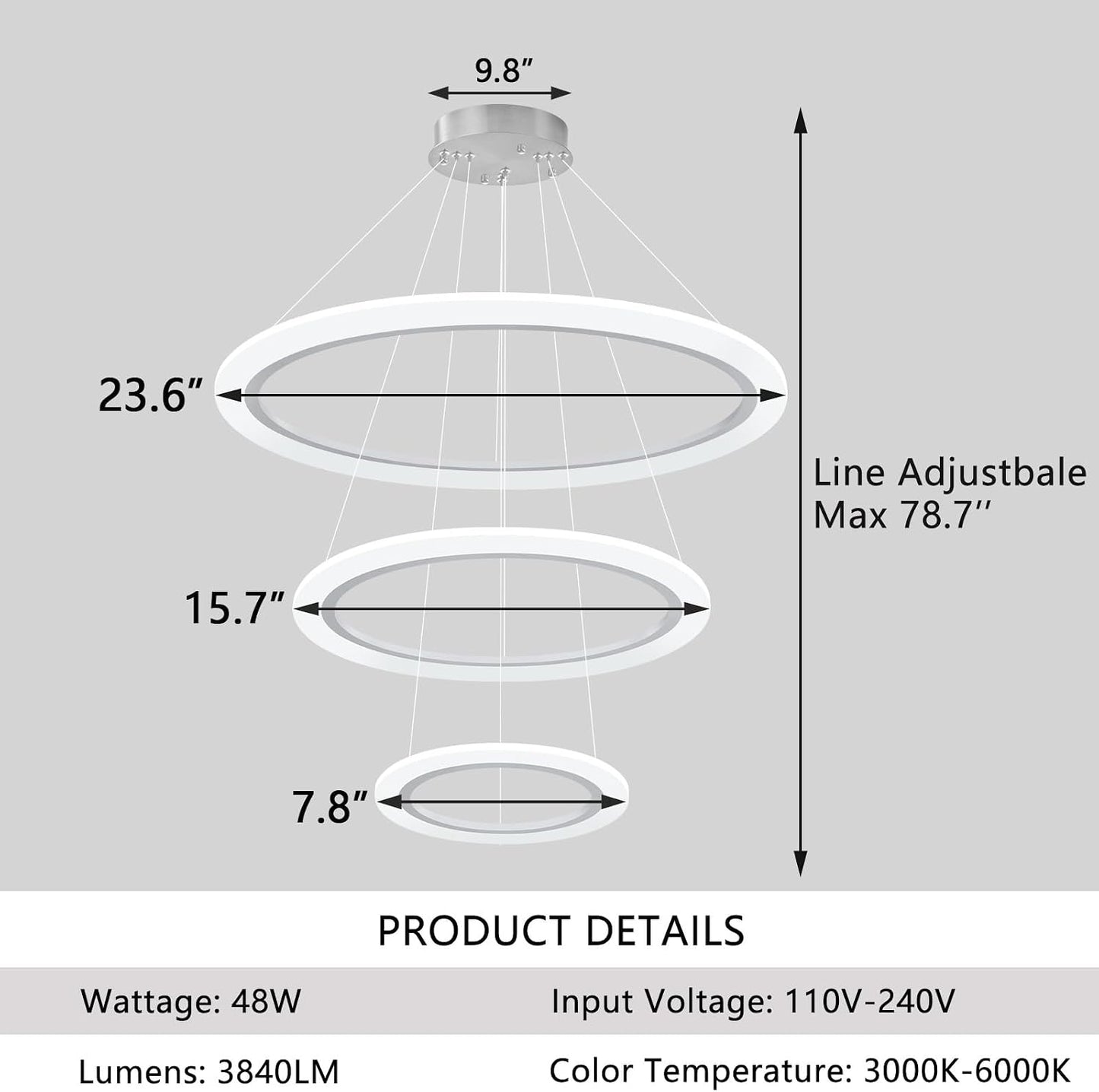 Modern LED Chandelier 3 Ring Chandelier for Dining Room Living Room Pendant Lighting High Ceiling Hanging Light Fixture for Bedroom Foyer Silver