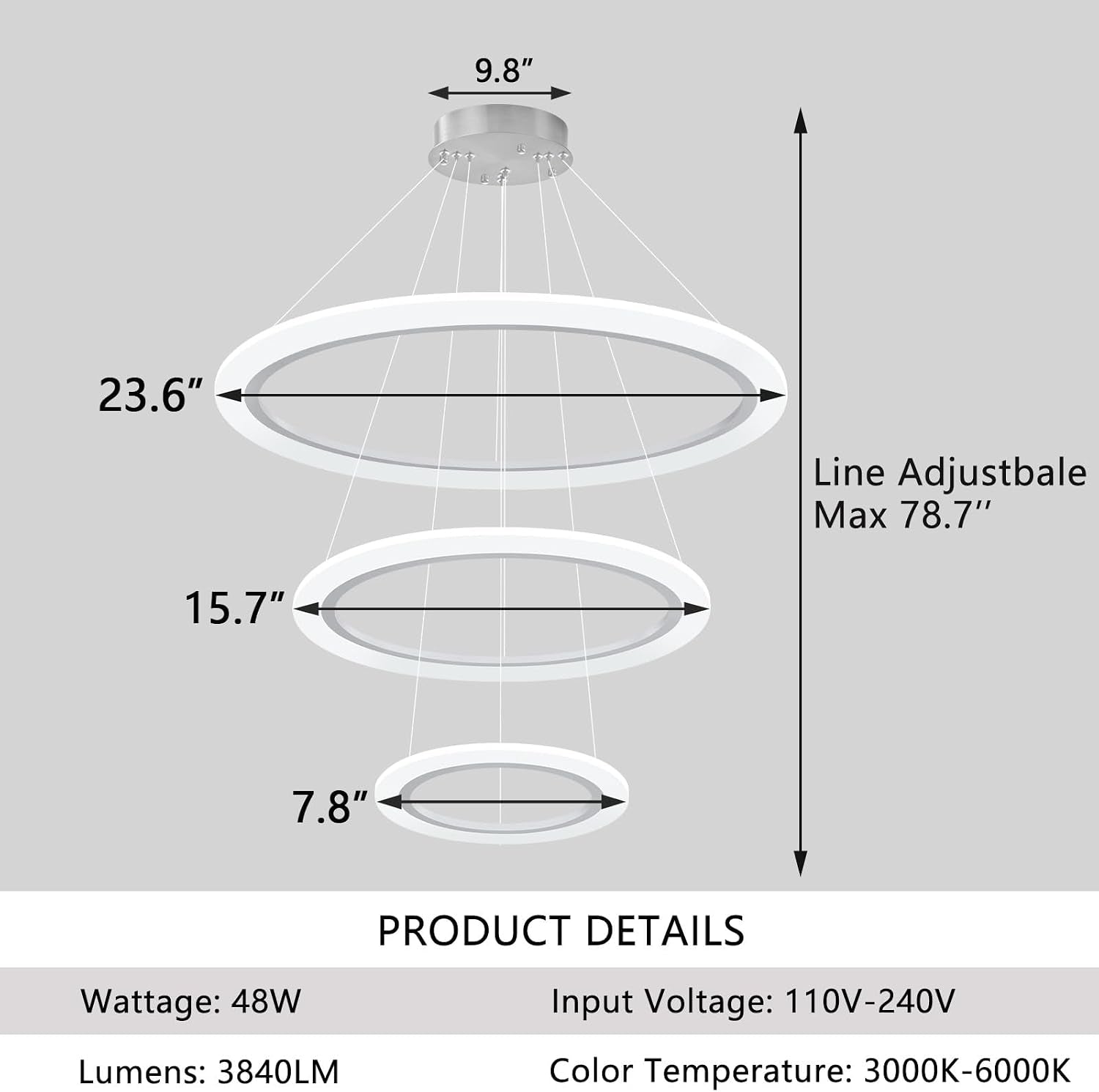 Modern LED Chandelier 3 Ring Chandelier for Dining Room Living Room Pendant Lighting High Ceiling Hanging Light Fixture for Bedroom Foyer Silver