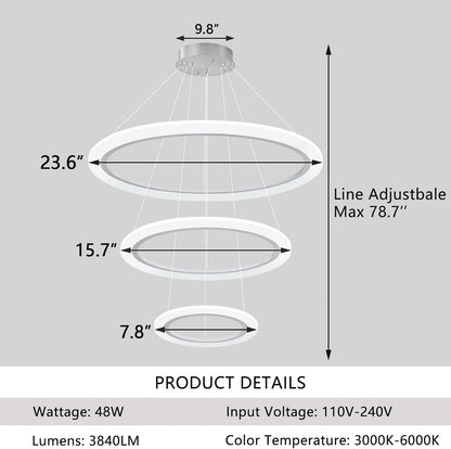 Modern LED Chandelier 3 Ring Chandelier for Dining Room Living Room Pendant Lighting High Ceiling Hanging Light Fixture for Bedroom Foyer Silver