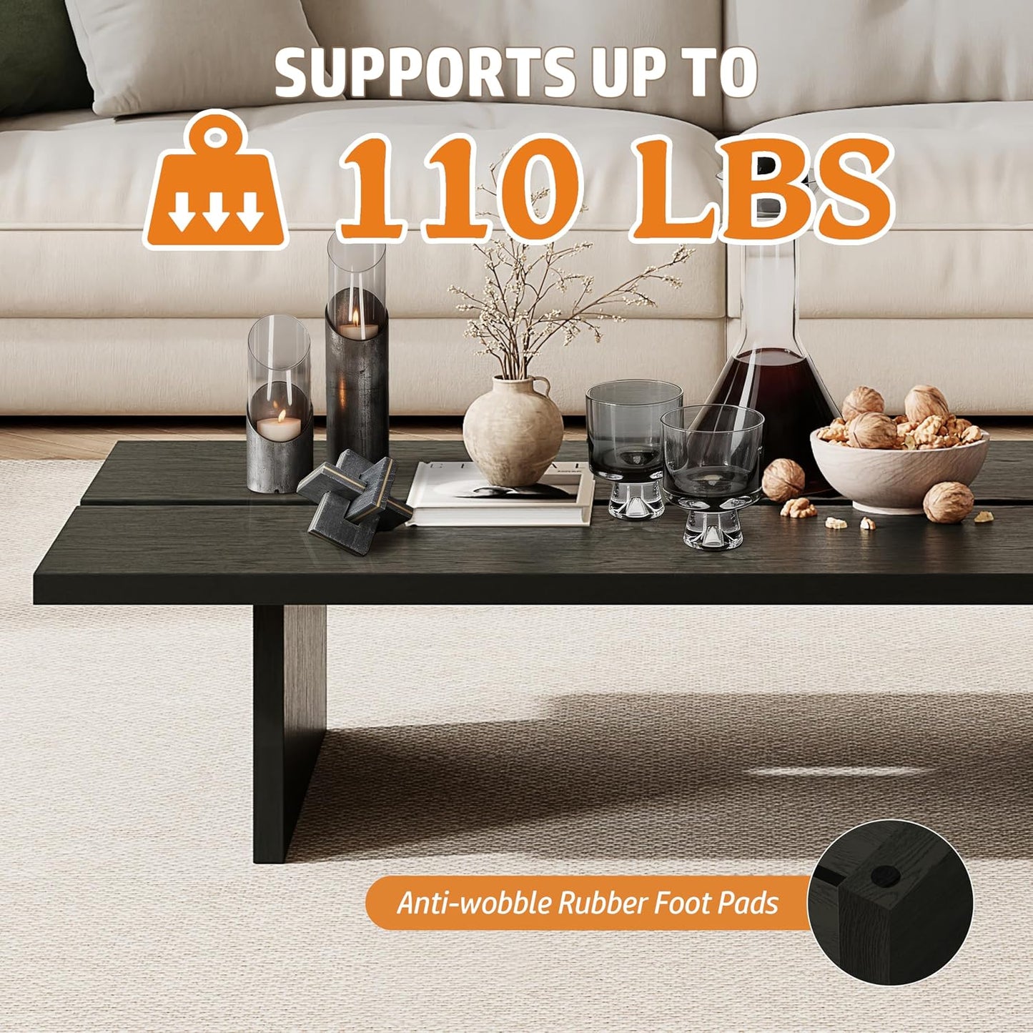 47.2" Modern Coffee Table for Living Room, Black Coffee Table Wood Living Room Table Rectangular Center Table Tea Table for Home Office