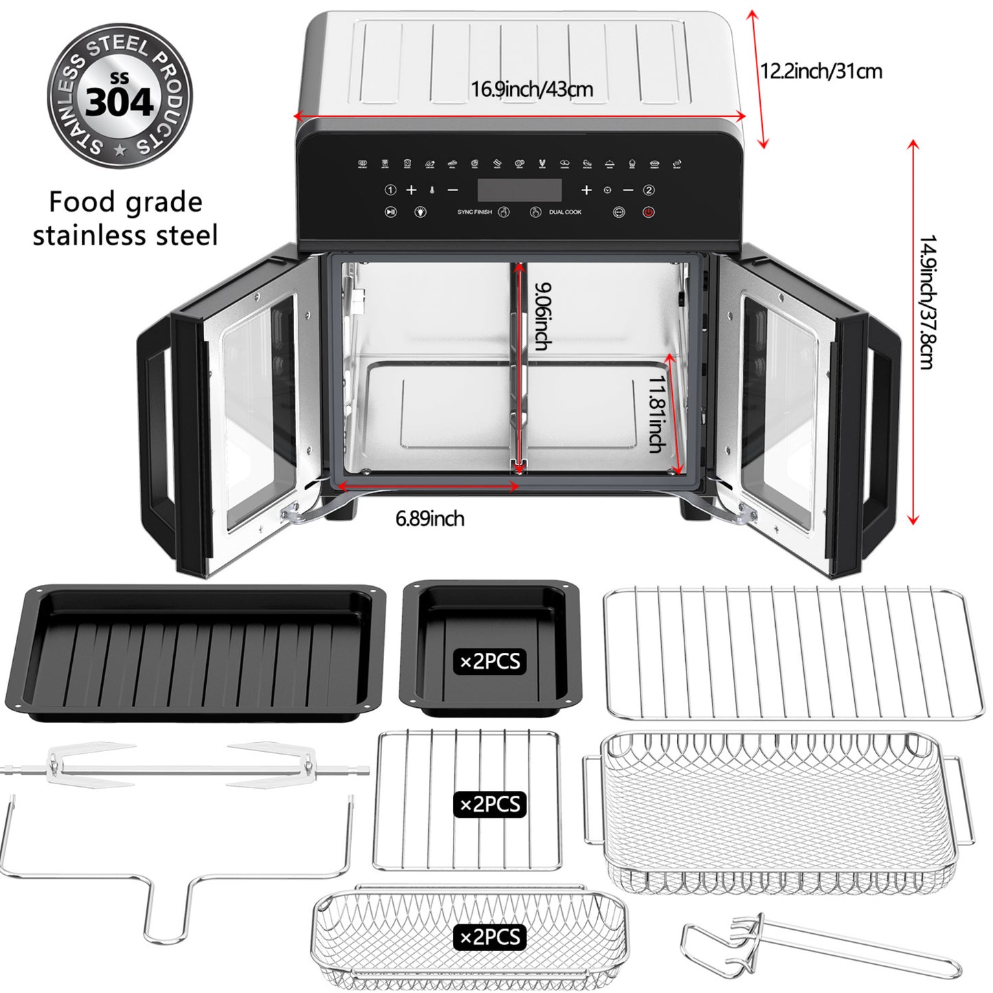 Air Fryer Toaster Oven Combo, 24 QT Fench Door Countertop Toaster Oven, 360 Degree Air Flow, 15 Cooking Functions, Digital Controls, 13 Accessories Included, Non-Toxic Food Grade Stainless Steel