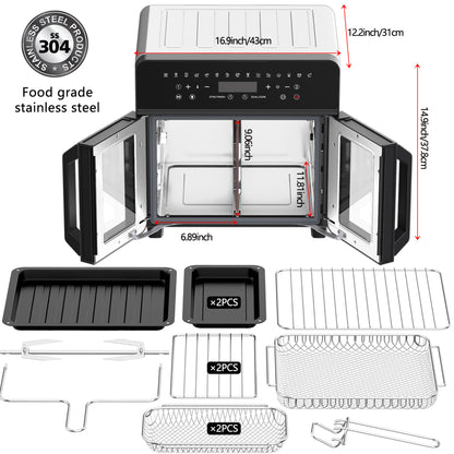 Air Fryer Toaster Oven Combo, 24 QT Fench Door Countertop Toaster Oven, 360 Degree Air Flow, 15 Cooking Functions, Digital Controls, 13 Accessories Included, Non-Toxic Food Grade Stainless Steel