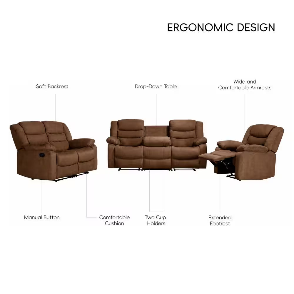 3 Piece Fabric Brown Manual Reclining Sofa Set with Drop-Down Table and Cup Holders,Living Room Set