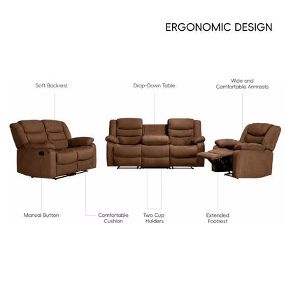 3 Piece Fabric Brown Manual Reclining Sofa Set with Drop-Down Table and Cup Holders,Living Room Set