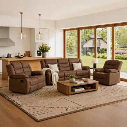 3 Piece Fabric Brown Manual Reclining Sofa Set with Drop-Down Table and Cup Holders,Living Room Set