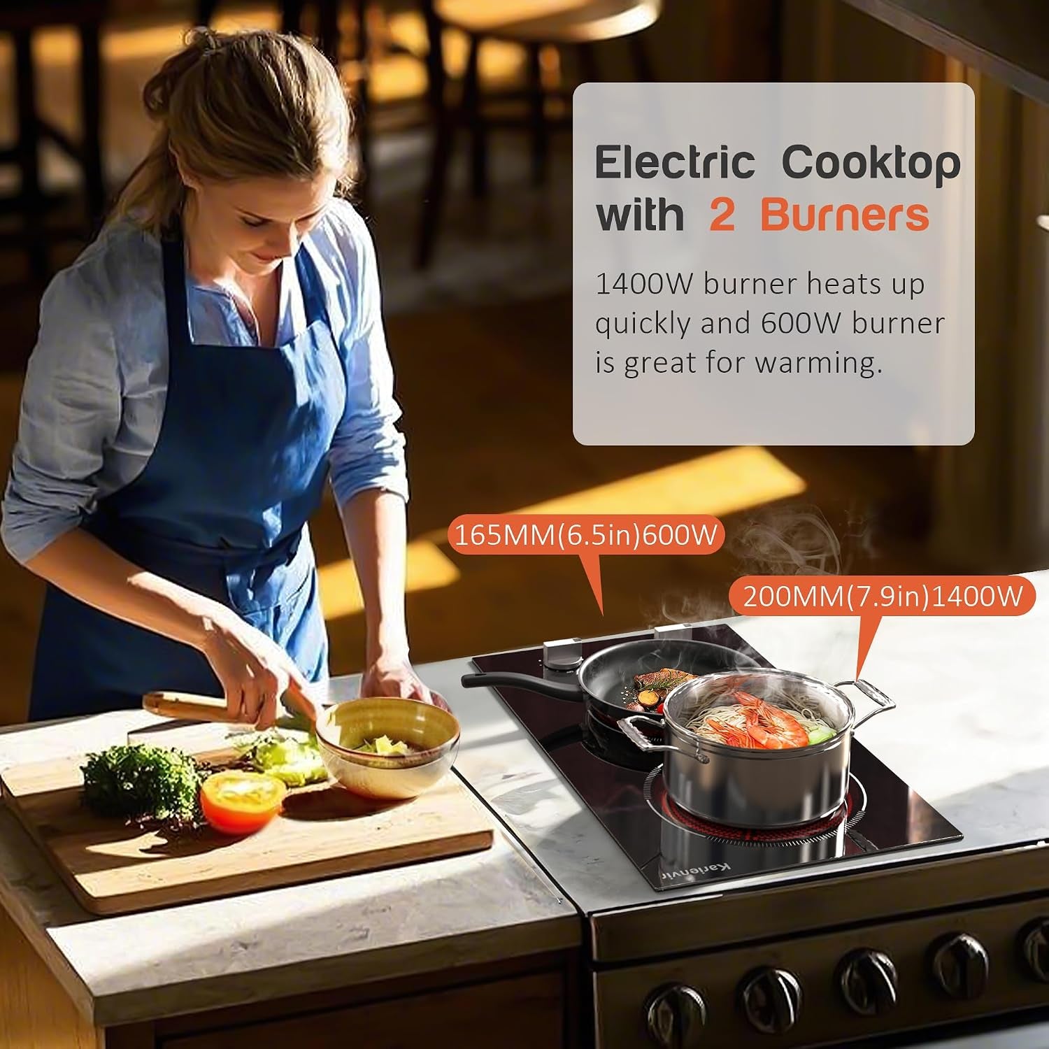 2 Burners Electric Cooktop 2000W, Plug in Electric Stove Top110V, Countertop & Built-In Cook Top 12 Inch, 2 Burner Cooktop Knob Control, 9 Power Levels, Grey Knob,