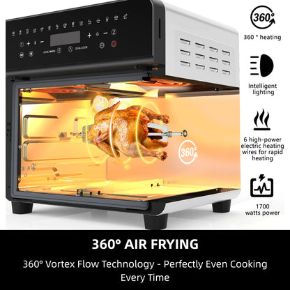 Air Fryer Toaster Oven Combo, 24 QT Fench Door Countertop Toaster Oven, 360 Degree Air Flow, 15 Cooking Functions, Digital Controls, 13 Accessories Included, Non-Toxic Food Grade Stainless Steel