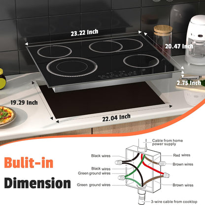 24 Inch Electric Cooktop 4 Burners,  6600W Electric Stove Touch Control, 220-240V Built-In Radiant Stove Top with Safety Lock, Timer, Pause Control, Extended Zone, Hard Wire(No Plug)