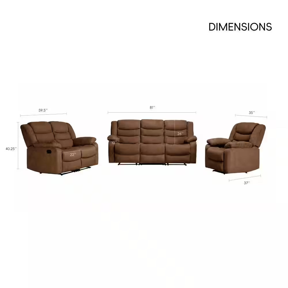 3 Piece Fabric Brown Manual Reclining Sofa Set with Drop-Down Table and Cup Holders,Living Room Set