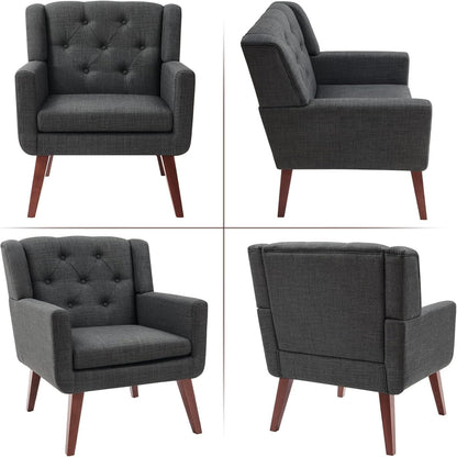 Accent Chair Button-Tufted Upholstered Living Room Chairs Comfy Reading Chair Mid Century Modern Chair with Linen Fabric Lounge Arm Chairs for Living Room Bedroom (Grey Set of 2)