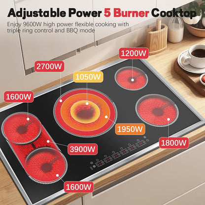 36 Inch Electric Cooktop, 5 Burner Stove Top Touch Control, 36" Glass Ceramic Stove Top 9600W with BBQ & Flexible Zone, Child Lock, Timer, Overheat Protection, 220-240V Hard Wired (No Plug)
