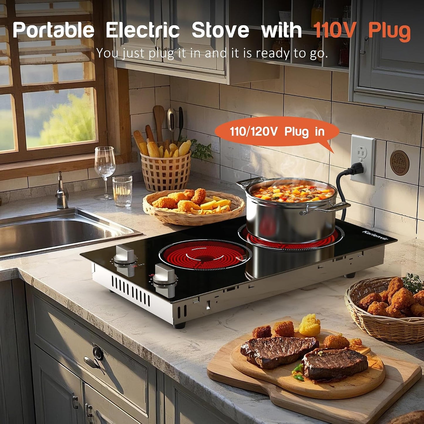 2 Burners Electric Cooktop 2000W, Plug in Electric Stove Top110V, Countertop & Built-In Cook Top 12 Inch, 2 Burner Cooktop Knob Control, 9 Power Levels, Grey Knob,