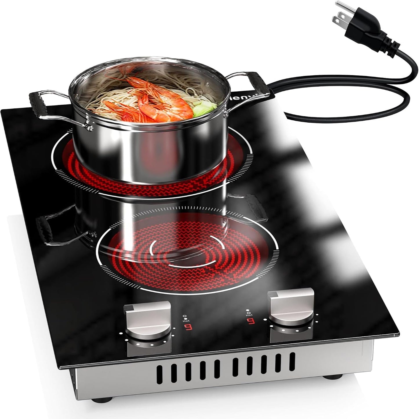 2 Burners Electric Cooktop 2000W, Plug in Electric Stove Top110V, Countertop & Built-In Cook Top 12 Inch, 2 Burner Cooktop Knob Control, 9 Power Levels, Grey Knob,