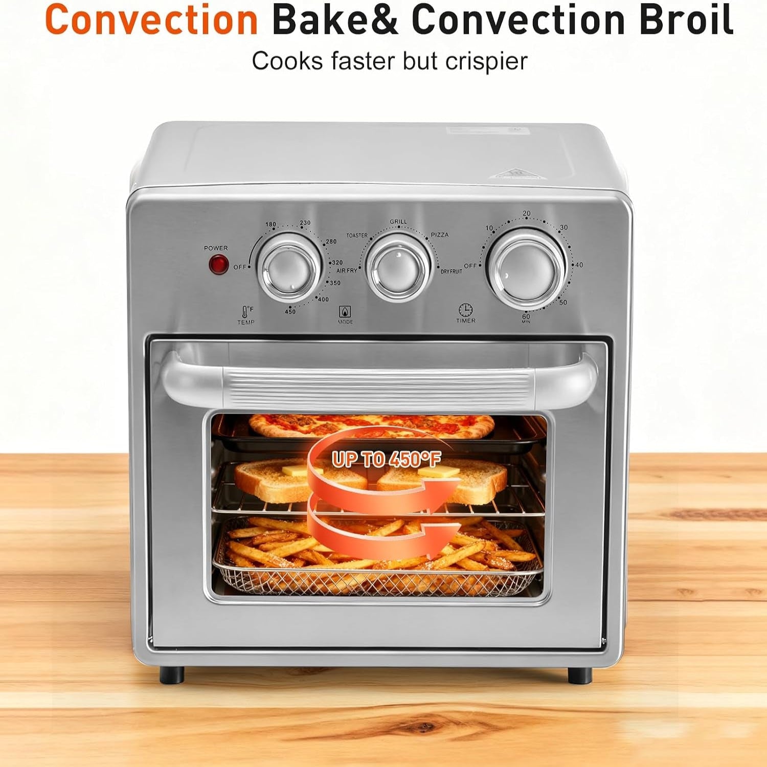 Air Fryer Toaster Oven Combo, 16.9QT Oven Countertop 5 Functions in 1, 4 Accessories Included, Stainless, up to 450°F