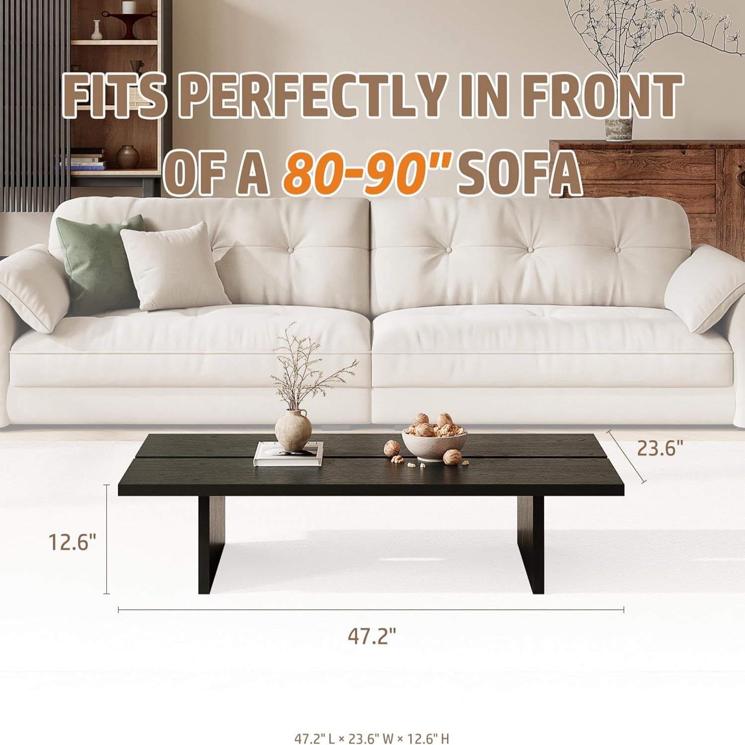 47.2" Modern Coffee Table for Living Room, Black Coffee Table Wood Living Room Table Rectangular Center Table Tea Table for Home Office