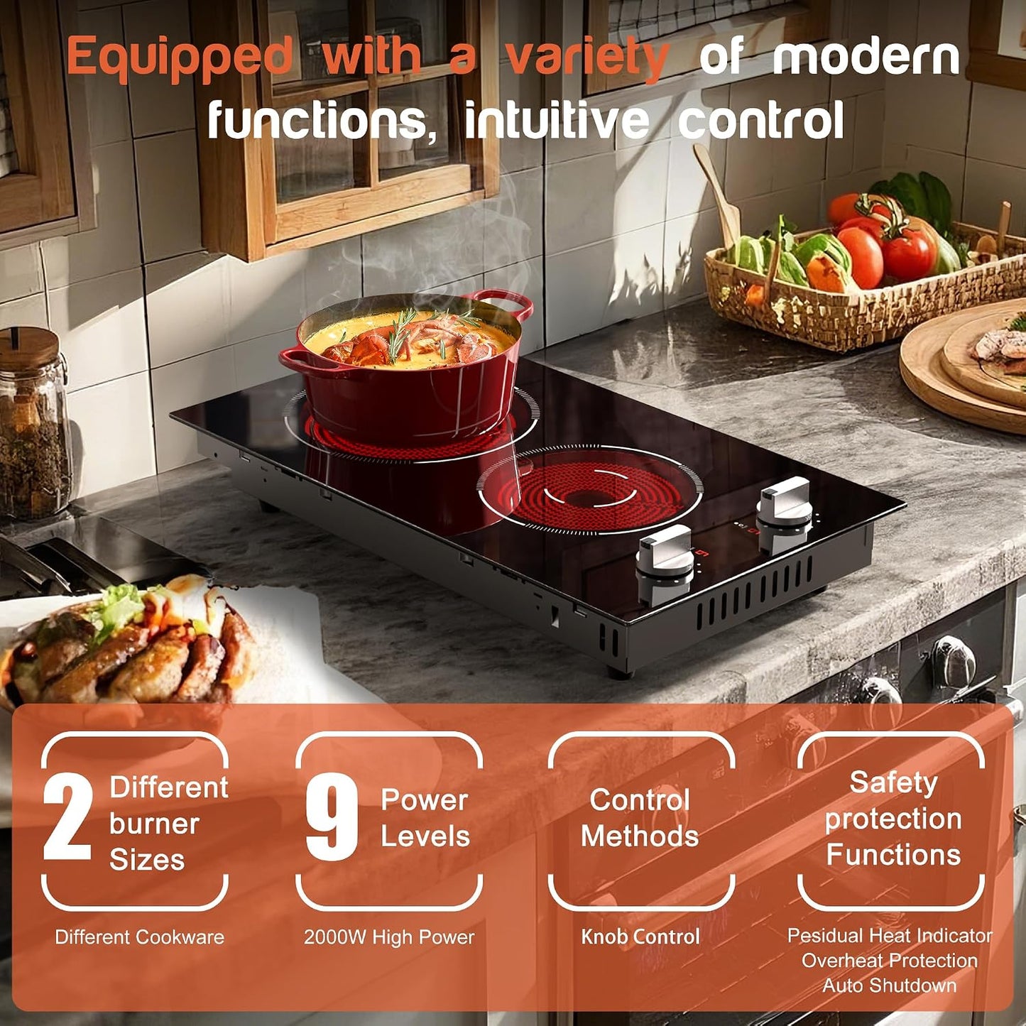 2 Burners Electric Cooktop 2000W, Plug in Electric Stove Top110V, Countertop & Built-In Cook Top 12 Inch, 2 Burner Cooktop Knob Control, 9 Power Levels, Grey Knob,
