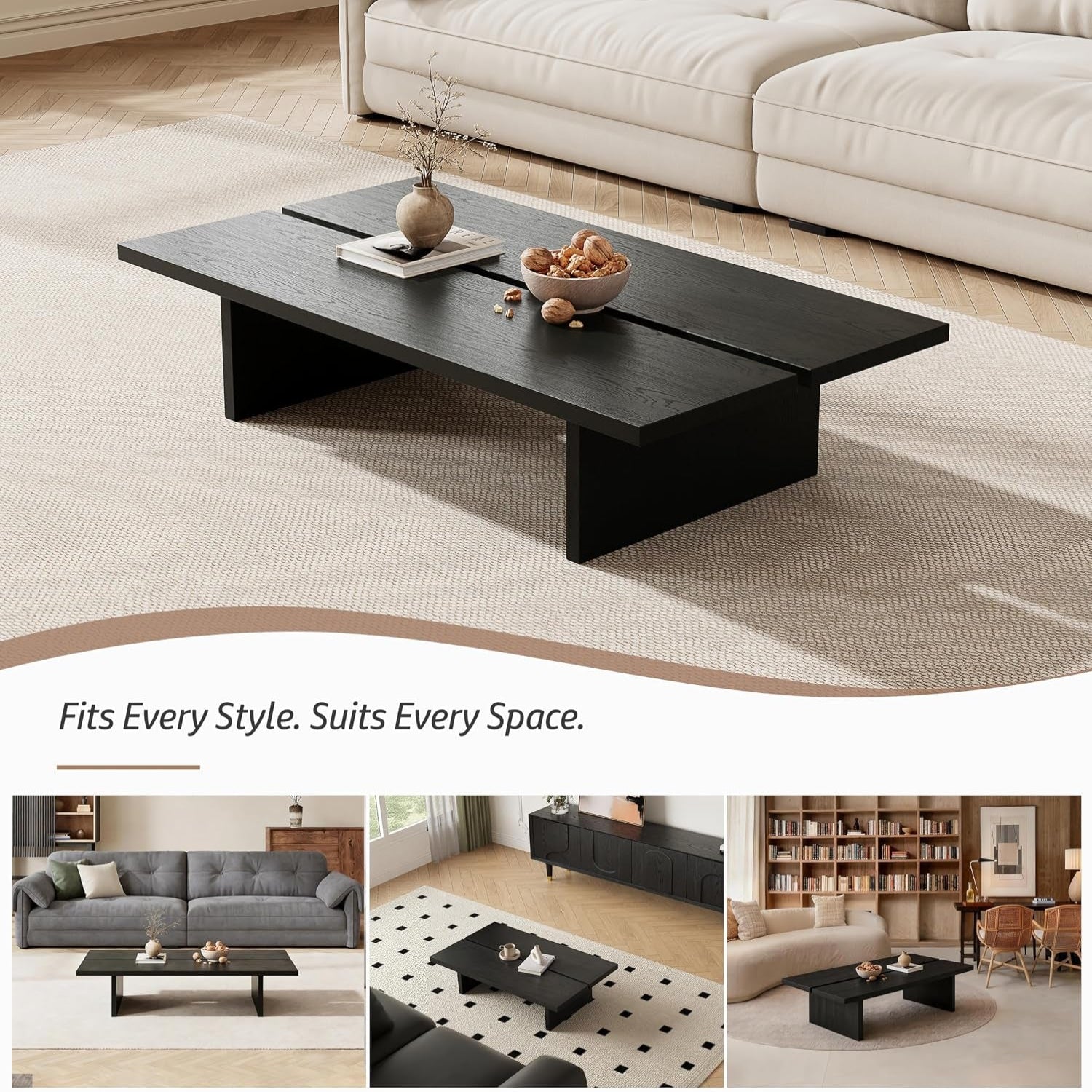 47.2" Modern Coffee Table for Living Room, Black Coffee Table Wood Living Room Table Rectangular Center Table Tea Table for Home Office
