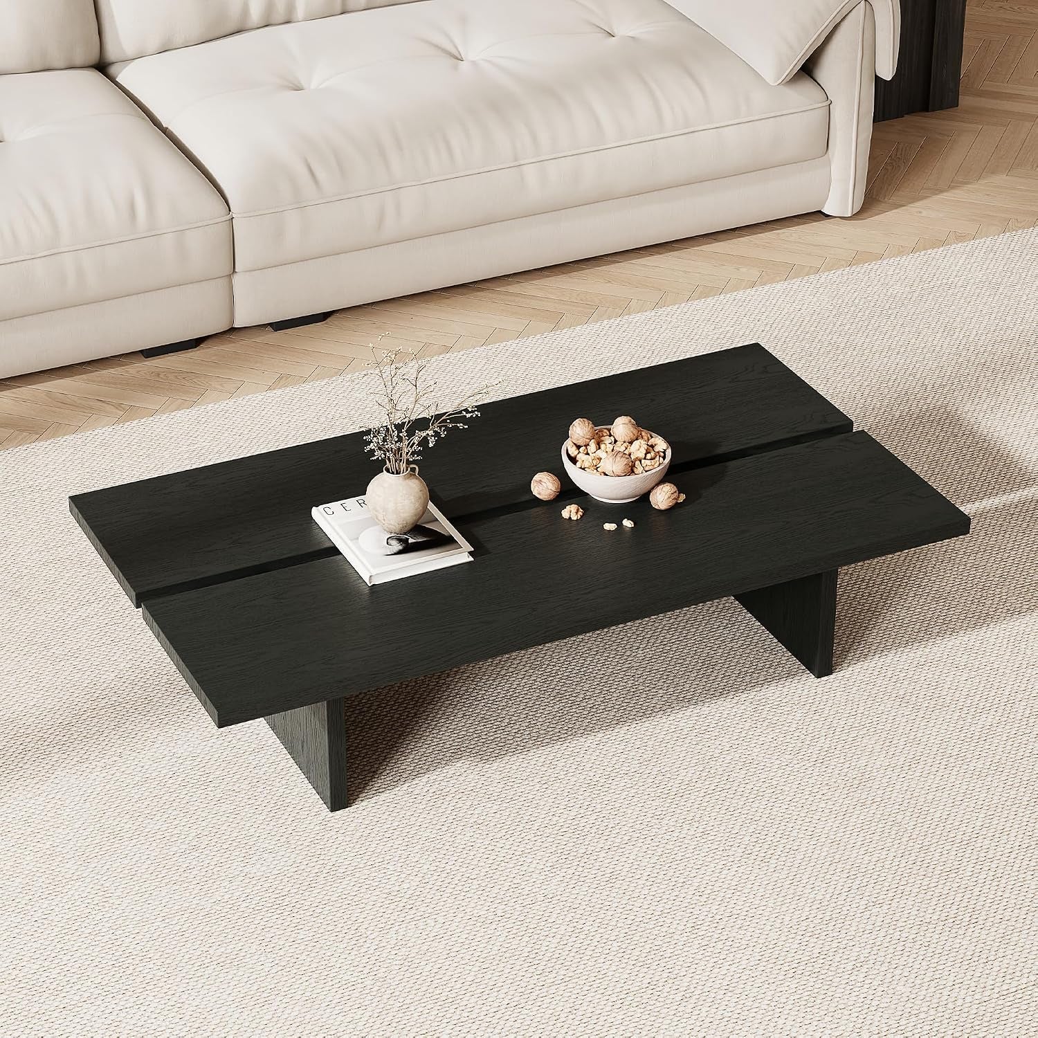 47.2" Modern Coffee Table for Living Room, Black Coffee Table Wood Living Room Table Rectangular Center Table Tea Table for Home Office