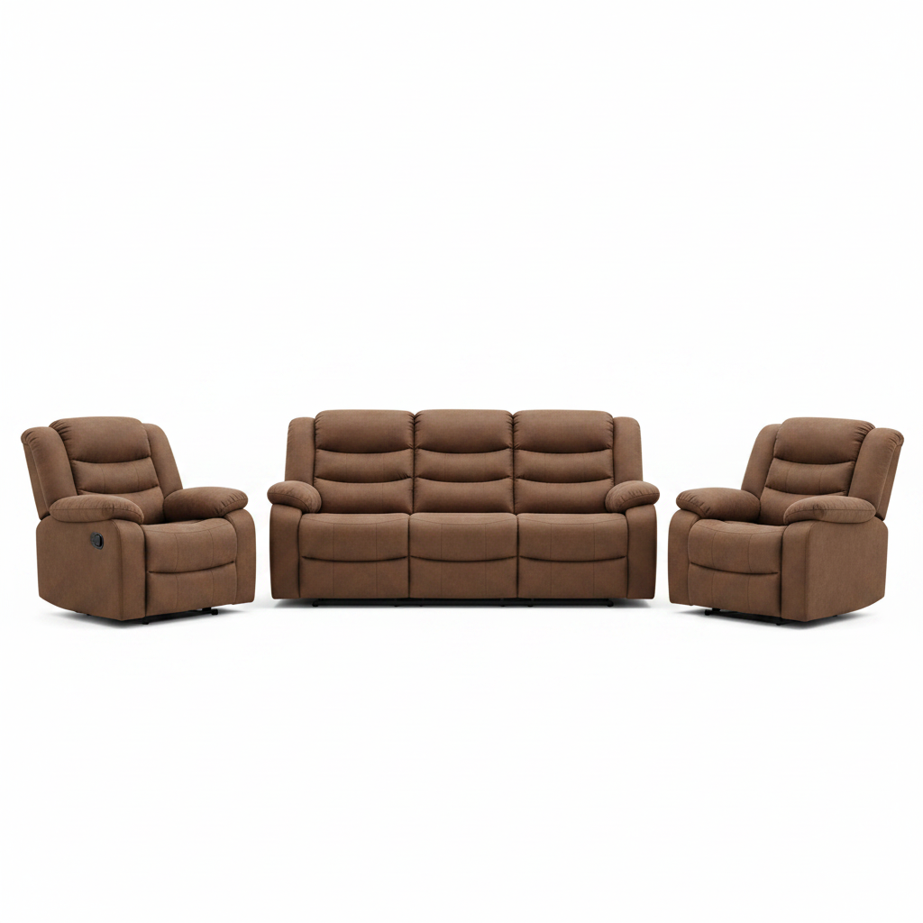 3 Piece Fabric Brown Manual Reclining Sofa Set with Drop-Down Table and Cup Holders,Living Room Set