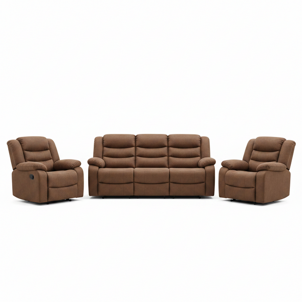 3 Piece Fabric Brown Manual Reclining Sofa Set with Drop-Down Table and Cup Holders,Living Room Set