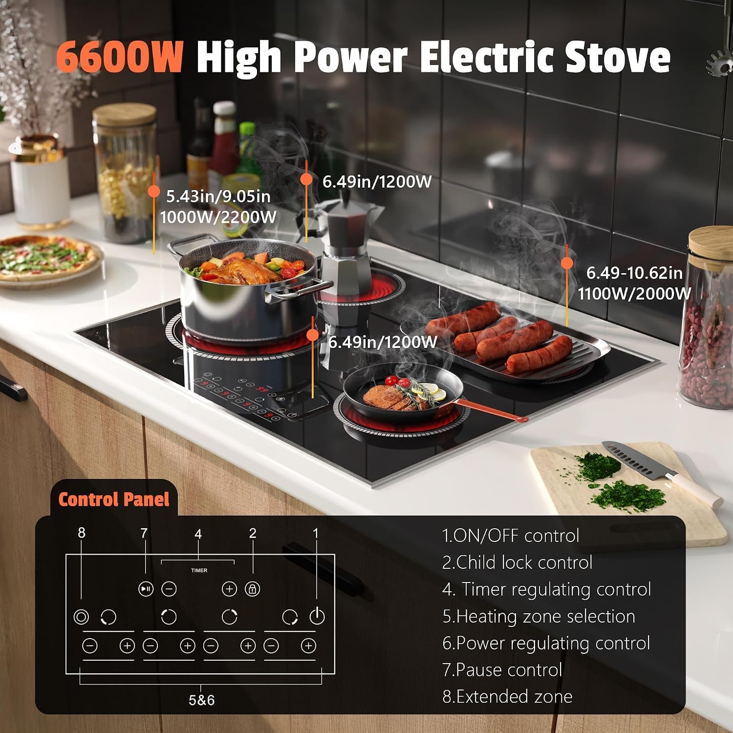 24 Inch Electric Cooktop 4 Burners,  6600W Electric Stove Touch Control, 220-240V Built-In Radiant Stove Top with Safety Lock, Timer, Pause Control, Extended Zone, Hard Wire(No Plug)