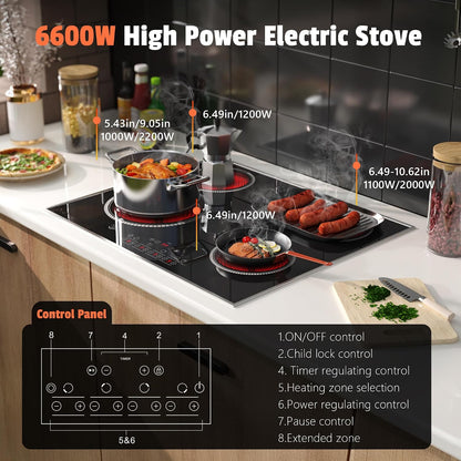 24 Inch Electric Cooktop 4 Burners,  6600W Electric Stove Touch Control, 220-240V Built-In Radiant Stove Top with Safety Lock, Timer, Pause Control, Extended Zone, Hard Wire(No Plug)