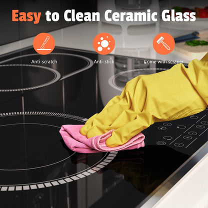 24 Inch Electric Cooktop 4 Burners,  6600W Electric Stove Touch Control, 220-240V Built-In Radiant Stove Top with Safety Lock, Timer, Pause Control, Extended Zone, Hard Wire(No Plug)