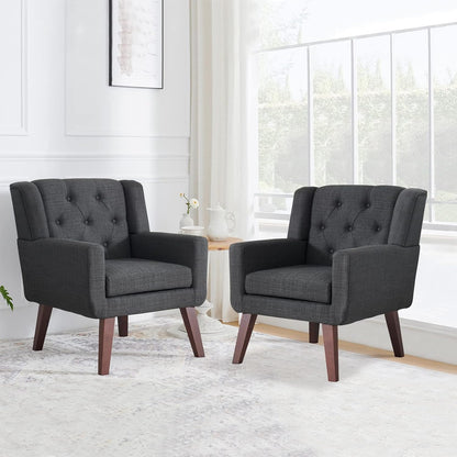 Accent Chair Button-Tufted Upholstered Living Room Chairs Comfy Reading Chair Mid Century Modern Chair with Linen Fabric Lounge Arm Chairs for Living Room Bedroom (Grey Set of 2)