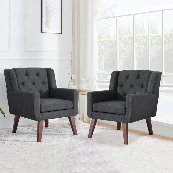 Accent Chair Button-Tufted Upholstered Living Room Chairs Comfy Reading Chair Mid Century Modern Chair with Linen Fabric Lounge Arm Chairs for Living Room Bedroom (Grey Set of 2)