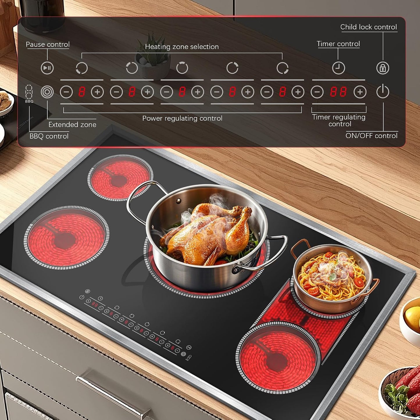 36 Inch Electric Cooktop, 5 Burner Stove Top Touch Control, 36" Glass Ceramic Stove Top 9600W with BBQ & Flexible Zone, Child Lock, Timer, Overheat Protection, 220-240V Hard Wired (No Plug)