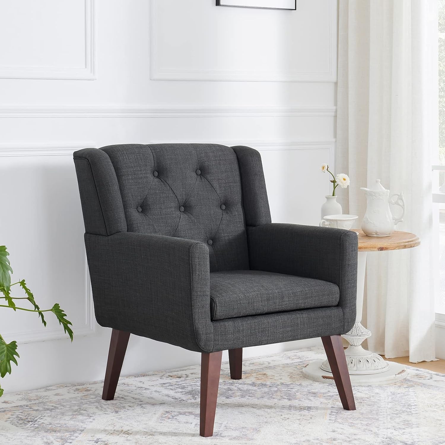 Accent Chair Button-Tufted Upholstered Living Room Chairs Comfy Reading Chair Mid Century Modern Chair with Linen Fabric Lounge Arm Chairs for Living Room Bedroom (Grey Set of 2)