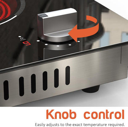 2 Burners Electric Cooktop 2000W, Plug in Electric Stove Top110V, Countertop & Built-In Cook Top 12 Inch, 2 Burner Cooktop Knob Control, 9 Power Levels, Grey Knob,