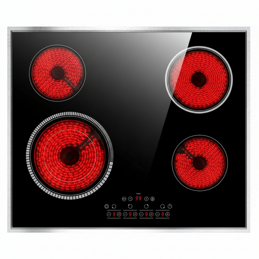 24 Inch Electric Cooktop 4 Burners,  6600W Electric Stove Touch Control, 220-240V Built-In Radiant Stove Top with Safety Lock, Timer, Pause Control, Extended Zone, Hard Wire(No Plug)