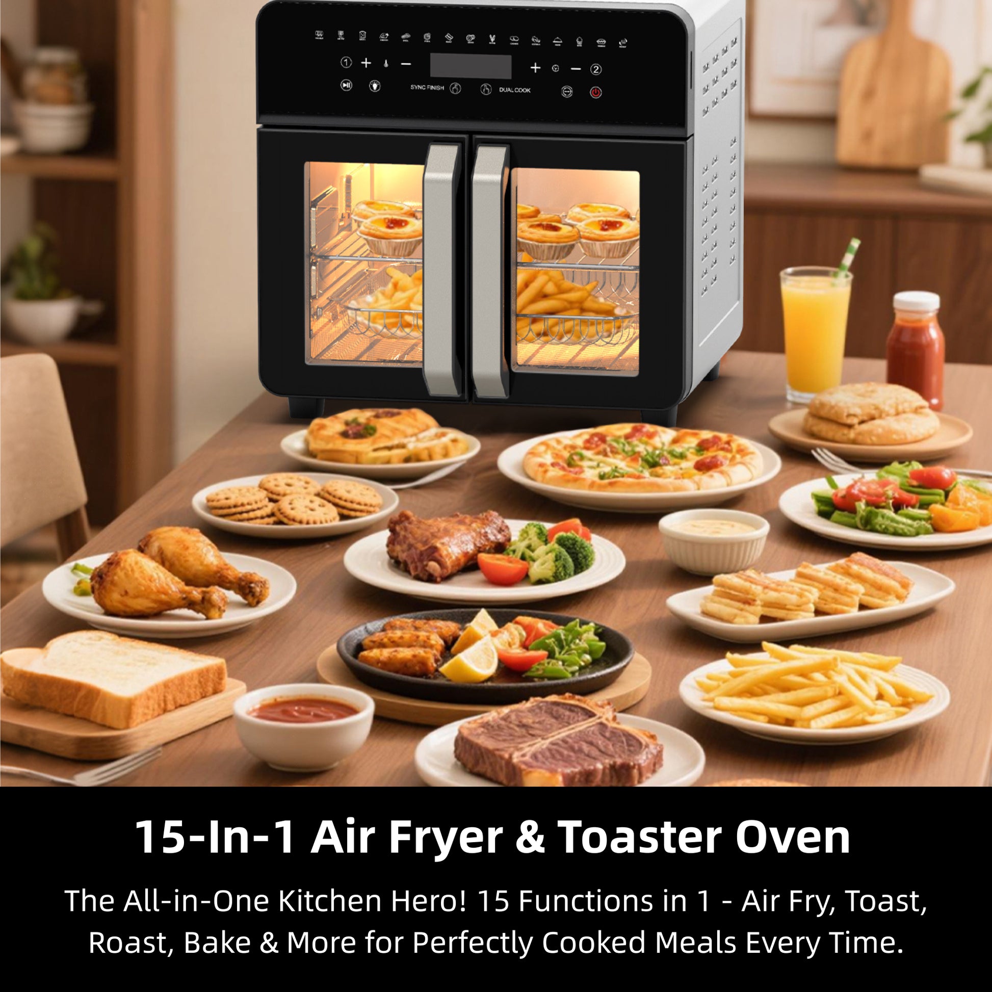 Air Fryer Toaster Oven Combo, 24 QT Fench Door Countertop Toaster Oven, 360 Degree Air Flow, 15 Cooking Functions, Digital Controls, 13 Accessories Included, Non-Toxic Food Grade Stainless Steel