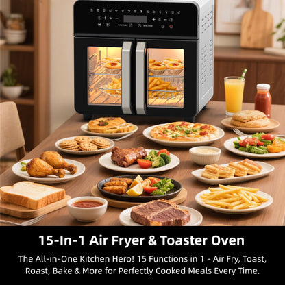 Air Fryer Toaster Oven Combo, 24 QT Fench Door Countertop Toaster Oven, 360 Degree Air Flow, 15 Cooking Functions, Digital Controls, 13 Accessories Included, Non-Toxic Food Grade Stainless Steel