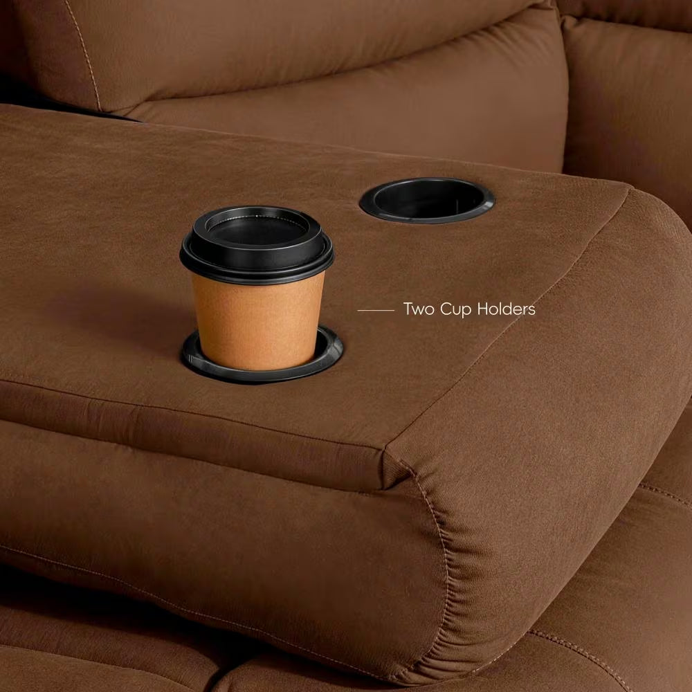 3 Piece Fabric Brown Manual Reclining Sofa Set with Drop-Down Table and Cup Holders,Living Room Set
