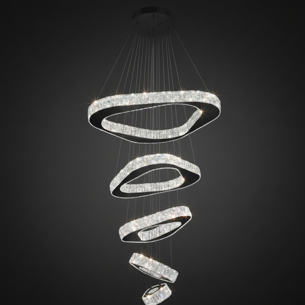 Large Modern Chandelier 5 Ring Chandeliers for High Ceiling Dimmable Black Chandelier High Ceiling Foyer Chandeliers for Living Room Dining Room Staircase