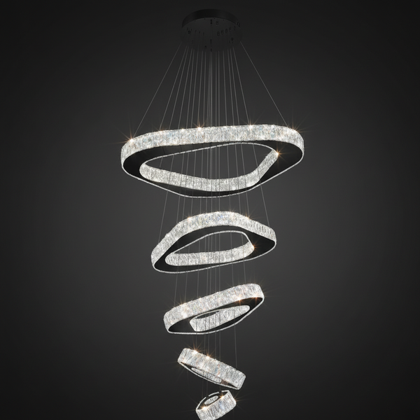 Large Modern Chandelier 5 Ring Chandeliers for High Ceiling Dimmable Black Chandelier High Ceiling Foyer Chandeliers for Living Room Dining Room Staircase
